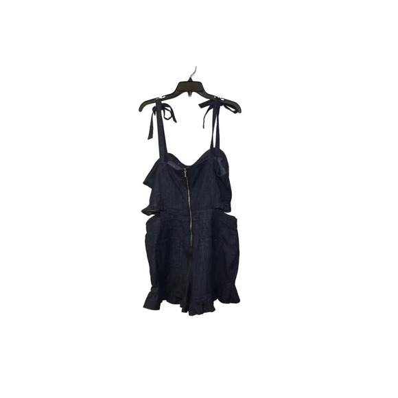 NEW bebe Tie Strap Ruffle Detail Denim Romper Womens MSRP $129 NLA Size 12 - Picture 1 of 16